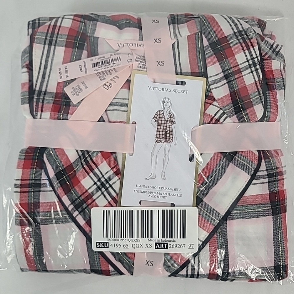 NWT Victoria’s Secret Flannel Short PJ Set Black Red White Plaid Sz XS MSRP $55